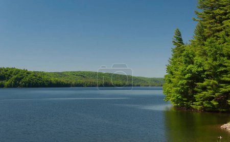 Téléchargez les photos : Le réservoir bordé d'arbres barkhamsted à Barkhamsted Connecticut par une journée d'été ensoleillée. - en image libre de droit