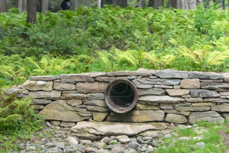 Foto de Una pared de roca y tubería de drenaje en un bosque en Lenox Massachusetts. - Imagen libre de derechos