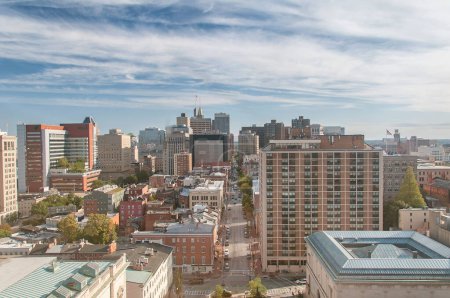An aerial view urban skyline within the city of Baltimore maryland.