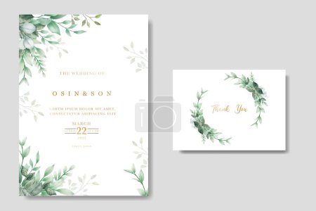 Téléchargez les illustrations : Modèle de carte d'invitation de mariage aquarelle feuilles vertes - en licence libre de droit