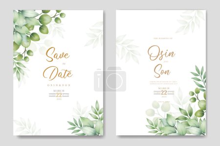 Téléchargez les photos : Modèle de carte d'invitation de mariage aquarelle feuilles vertes - en image libre de droit