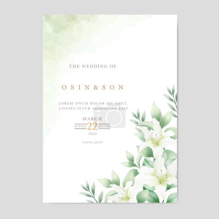 Ilustración de Plantilla de tarjeta de invitación de boda floral de lirio acuarela - Imagen libre de derechos