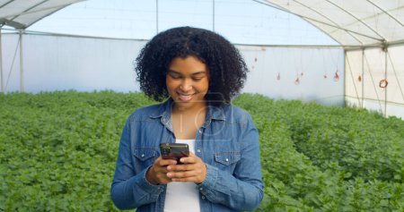 Mujer agricultora multiétnica utiliza el teléfono celular, mensajes de texto en invernadero, hierbas orgánicas. Foto de alta calidad