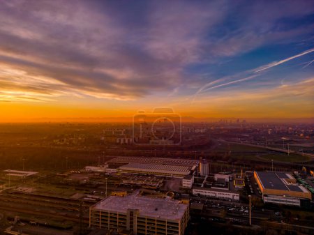 San Donato Milanese City in Italy with beautiful Sunset . Cityscape from drone. Italy, Lombardy, Milan, San Donato Milanese. High quality photo
