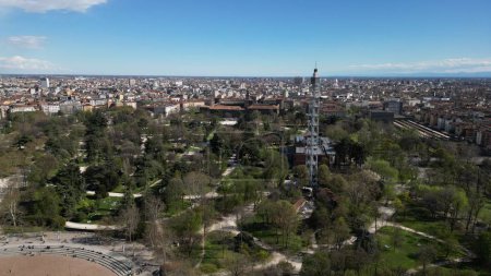 Aerial footage of Sempione park in Milan, Lombardy