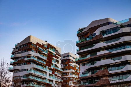 Photo for View of City Life Milan residential buildings designed by architect Zaha Hadid. Fantastic architecture. Milan, Italy. - Royalty Free Image