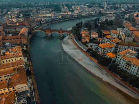  Top view Scaliger Bridge and Adige River. Aerial view of the historic city Verona, Italy. 