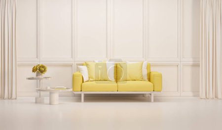 Téléchargez les photos : Design d'intérieur créatif en studio beige avec pot végétal et fauteuil. Crème pastel et fond jaune. rendu 3D pour page web, présentation ou cadre photo - en image libre de droit