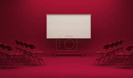 Téléchargez les photos : Minimal meeting room with projection screen and audience chairs. Creative interior design in Viva magenta is a trend colour year 2023.  3D Rendering - en image libre de droit