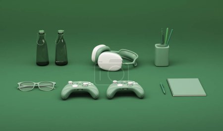 Photo for Two gamepad, headphones on a green background. Gamer equipment. Concept for presentation, advertising. 3d rendering. - Royalty Free Image