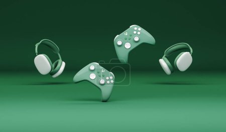 Photo for Two flying gamepads over the podium on green background. Concept for presentation, advertising. 3d rendering. - Royalty Free Image