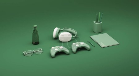 Photo for Two gamepad, headphones on a green background. Gamer equipment. Concept for presentation, advertising. 3d rendering. - Royalty Free Image