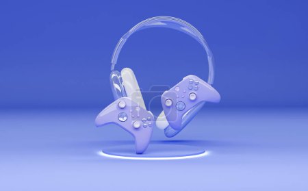 Photo for Two flying gamepads and headphone  over the podium on purple background. Concept for presentation, advertising. 3d rendering. - Royalty Free Image