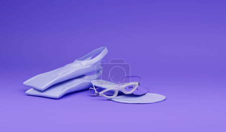 Téléchargez les photos : Masque de plongée, palmes avec surface de l'eau sur fond violet. 3D rendu de vacances d'été concept et vacances - en image libre de droit