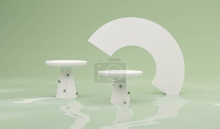 Téléchargez les photos : Abstrait 3D avec podium et arche en piédestal géométrique vert et blanc réaliste. Scène minimale pour la présentation des produits. Vitrine de scène à la surface de l'eau. 3d rendu - en image libre de droit