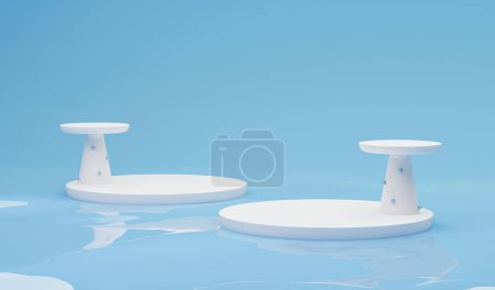 Photo for Abstract 3D with realistic blue, white geometric pedestal podium and arch. Minimal scene for product display presentation. Stage showcase on water surface. 3d render - Royalty Free Image