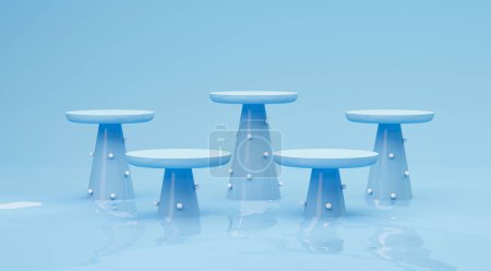 Foto de Abstract 3D with realistic blue, white geometric pedestal podium and arch. Minimal scene for product display presentation. Stage showcase on water surface. 3d render - Imagen libre de derechos