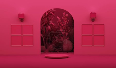 Téléchargez les photos : Viva magenta est une année de couleur tendance 2023. Chambre 3D abstraite avec viva magenta couleur géométrique podium piédestal et cadre photo, arbres tropicaux. 3d rendu - en image libre de droit