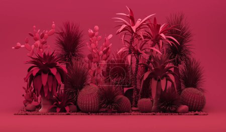 Foto de Viva magenta es una tendencia de color año 2023. Escena al aire libre monocromática con árboles tropicales oscuros, silla sobre fondo rojo. Composición creativa. Renderizado 3D para página web, presentación - Imagen libre de derechos