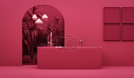 Foto de Baño Viva Magenta color interior del año 2023. color rojo carmesí borgoña con hojas de palma. Plantilla de diseño moderno interior de la casa. Renderizado 3D - Imagen libre de derechos