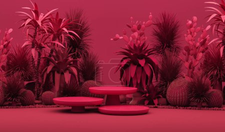 Foto de Viva magenta es una tendencia de color año 2023. Habitación 3D abstracta con podio geométrico de color viva magenta y árboles tropicales. 3d renderizar - Imagen libre de derechos