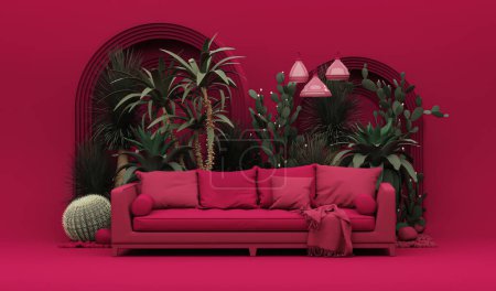 Téléchargez les photos : Viva magenta est une couleur tendance de l'année 2023 dans le salon. uni monochrome viva magenta couleur avec meubles et fauteuil, arbres tropicaux Design d'intérieur créatif. 3d rendu - en image libre de droit