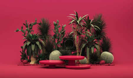 Photo for Viva magenta is a trend colour year 2023. Abstract 3D room with viva magenta color geometric pedestal podium and tropical trees. 3d render - Royalty Free Image