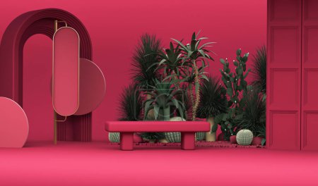 Téléchargez les photos : Viva magenta est une année de couleur tendance 2023. Monochrome avec podium rose foncé, arbres tropicaux, chaise sur fond rouge. Composition créative. rendu 3D pour page web, présentation - en image libre de droit