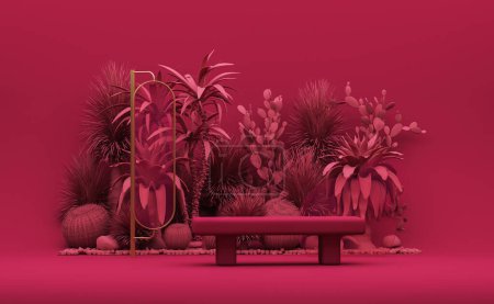 Téléchargez les photos : Viva magenta est une année de couleur tendance 2023. Scène extérieure monochrome avec arbres tropicaux sombres, chaise sur fond rouge. Composition créative. rendu 3D pour page web, présentation - en image libre de droit
