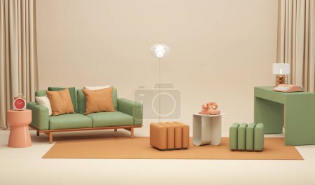 Foto de Habitación interior conceptual de estilo Memphis. Colorido interior de la sala de estar dos sillones verdes, estante rojo con decoración de arte, reloj, lámpara, alfombra de coral rosa y piso de hormigón beige. Renderizado 3D. - Imagen libre de derechos