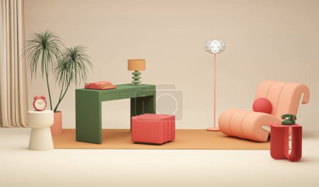 Photo for Memphis style conceptual interior room. Colorfull living room interior two green armchairs, red shelf with art decoration, clock, lamp, carpet on coral pink and beige concrete floor. 3D rendering. - Royalty Free Image