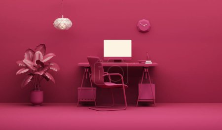 Téléchargez les photos : Viva magenta is a trend colour year 2023 interior workspace, minimal office table desk. Minimal idea concept for study desk, clock, plant pot and feminine. Mockup template, 3d rendering - en image libre de droit