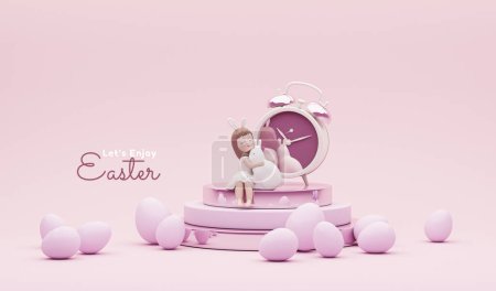 Foto de Podio de exhibición 3D, reloj creativo sobre fondo rosa y morado, huevos de Pascua con abrazo de niña conejo blanco. Feliz Pascua fondo de vacaciones. Banner, póster web, volante, tarjeta de felicitación. 3d renderizar - Imagen libre de derechos