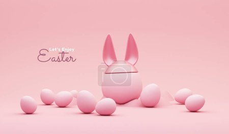 Photo for 3D display podium, creative easter egg on pastel pink background, Easter eggs with Rabbit ears. Happy Easter Holiday background.  Banner, web poster, flyer cover, greeting card.3d render - Royalty Free Image