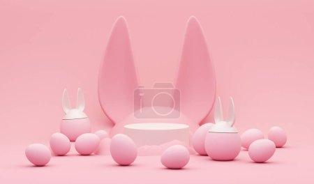 Téléchargez les photos : Podium d'affichage 3D, oeuf de Pâques créatif sur fond rose pastel, oeufs de Pâques avec oreilles de lapin. Joyeux fond de vacances de Pâques. Bannière, affiche web, couverture de flyer, carte de voeux. - en image libre de droit