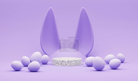 Photo for 3D display podium, creative easter egg on pastel purple background, Easter eggs with Rabbit ears. Happy Easter Holiday background.  Banner, web poster, flyer cover, stylish brochure, greeting card. - Royalty Free Image