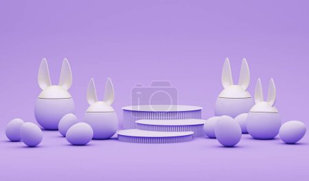 Foto de Podio de exhibición 3D, huevo de Pascua creativo sobre fondo púrpura pastel, huevos de Pascua con orejas de conejo. Feliz Pascua fondo de vacaciones. Banner, póster web, cubierta del volante, folleto elegante, tarjeta de felicitación. - Imagen libre de derechos