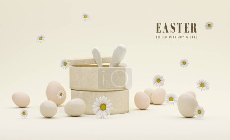 Foto de Podio de exhibición 3D, huevo de Pascua creativo sobre fondo beige blanco, flores de margarita con conejo. Feliz Pascua fondo de vacaciones. Banner, póster web, cubierta del volante, tarjeta de felicitación.3d render - Imagen libre de derechos