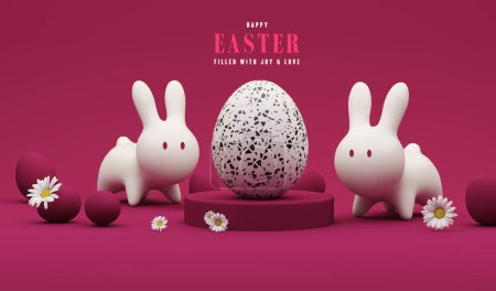 Photo for 3D display podium, creative easter egg on dark pink background, Daisy flowers with white Rabbit. Happy Easter Holiday background. Viva magenta is a trend colour year in Easter.3d render - Royalty Free Image