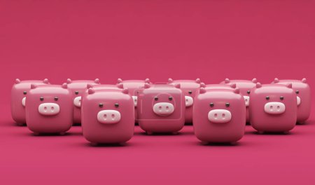 Foto de Piggy Bank sobre fondo rosa oscuro. 3d representación de bombilla brillante. Concepto de madre de cerdo y lechón, finanzas y acumulación de dinero. Viva magenta color de tendencia. - Imagen libre de derechos