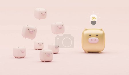 Foto de Muchos Piggy Bank sobre fondo rosa pastel. Ideas conceptuales mínimas. 3d representación de bombilla brillante. Concepto de madre de cerdo y lechón, finanzas y acumulación de dinero - Imagen libre de derechos
