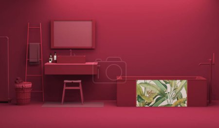 Photo for Viva Magenta bathroom interior color of the year 2023. crimson red burgundy color. Template modern design interior home. 3D rendering - Royalty Free Image