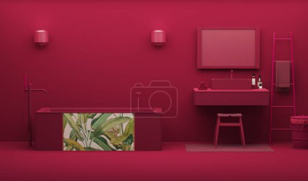 Téléchargez les photos : Viva Magenta bathroom interior color of the year 2023. crimson red burgundy color. Template modern design interior home. 3D rendering - en image libre de droit