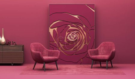 Téléchargez les photos : Viva magenta est une année de couleur tendance 2023 dans le salon de luxe. murs, meubles de salon - carmin rouge, cochenille. Espace vide pour l'art ou l'image. Design intérieur riche. 3d rendu - en image libre de droit