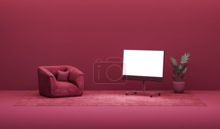 Foto de Viva magenta es un año tendencia color 2023 en la sala de estar. Pantalla de proyección y sillas de audiencia. Diseño interior creativo en fondo Viva magenta. Renderizado 3D - Imagen libre de derechos