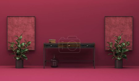 Téléchargez les photos : Viva magenta est une couleur tendance de l'année 2023 dans le salon. Intérieur de la chambre en couleur viva magenta monochrome uni avec meubles et chaise, pot de plante. 3d rendu - en image libre de droit