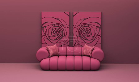 Foto de Viva magenta es un año tendencia color 2023 en la sala de estar. Interior de la habitación en liso monocromo viva magenta color con muebles y silla, maceta. 3d renderizar - Imagen libre de derechos