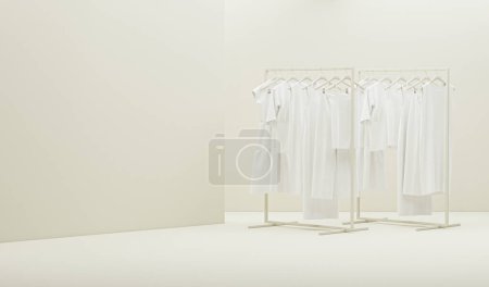 Photo for Linen clothes hanging on a rack, plant pot, armchair on white and beige background. Creative composition. Light background with copy space. 3D render for web page, presentation, studio, store fashion - Royalty Free Image