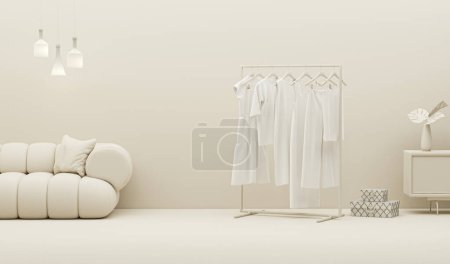 Photo for Linen clothes hanging on a rack, plant pot, armchair on white and beige background. Creative composition. Light background with copy space. 3D render for web page, presentation, studio, store fashion - Royalty Free Image