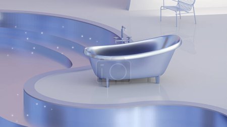 Photo for Abstract exterior with bathtub and swimming pool on purple landscape background. Concept of bathroom.3d render - Royalty Free Image